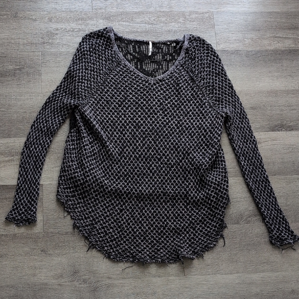 Free People Grey And Black Open Weave Distressed Sweater